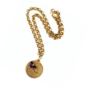 Gold Zodiac Medallion Necklace 22" | Aquarius Birthstone
